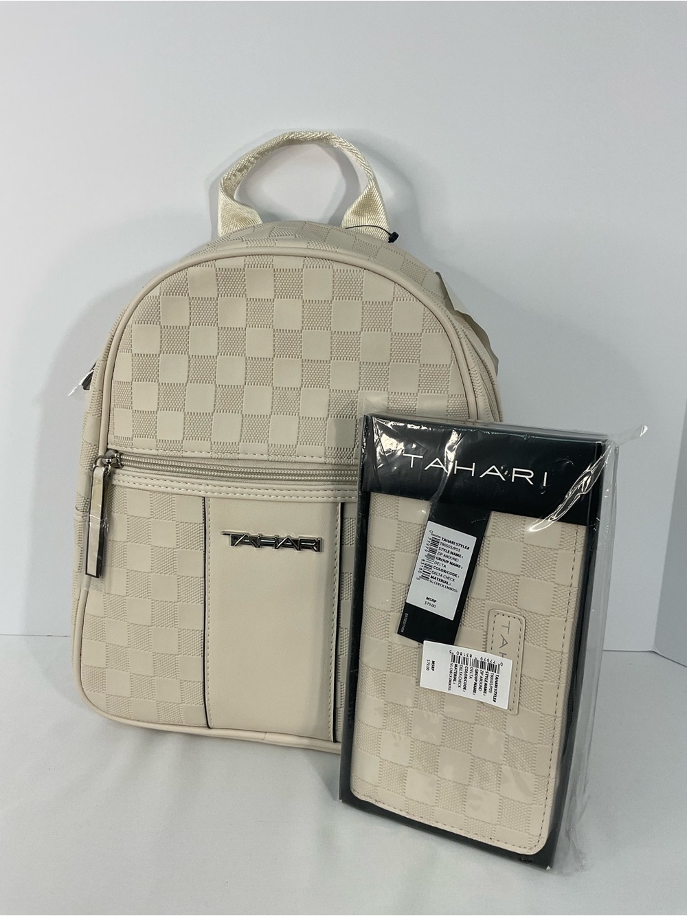 Tahari Cream Checkered Mini Backpack with Matching Wallet Set